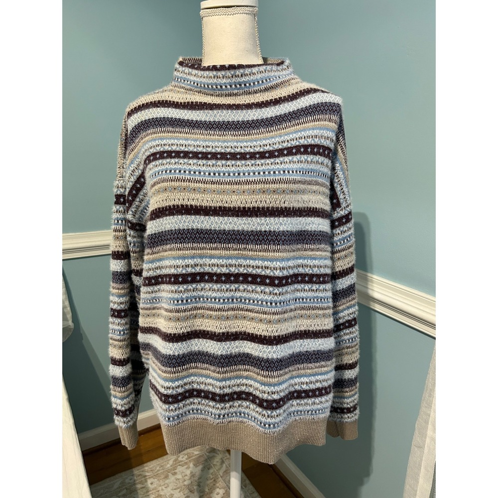 Ann Taylor Fair Isle Mock Neck Sweater Blue Purple Tan Metallic Stripe Large